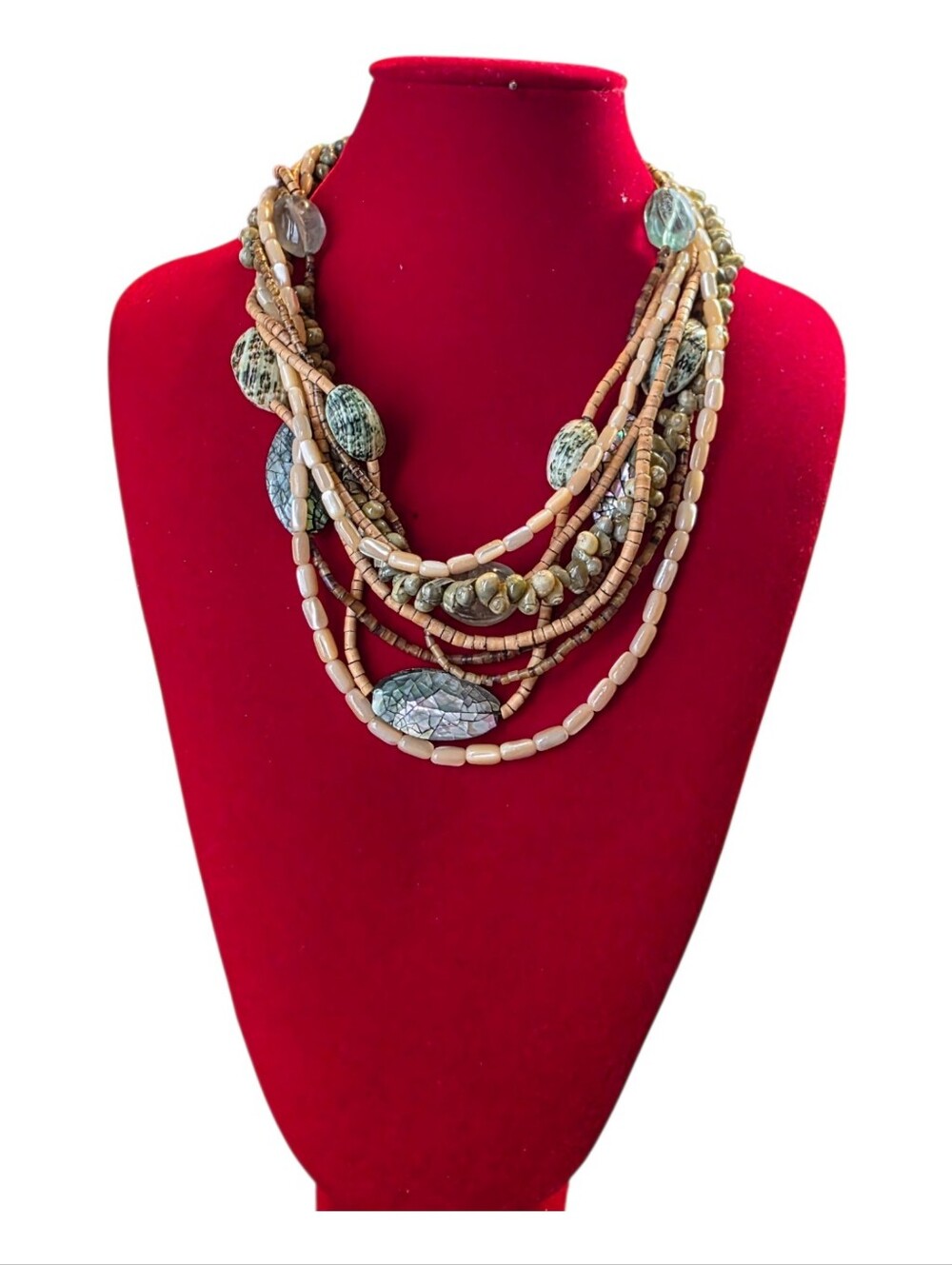 Coldwater Creek Multistrand Mother Of Pearl  Wood Beads Statement Necklace